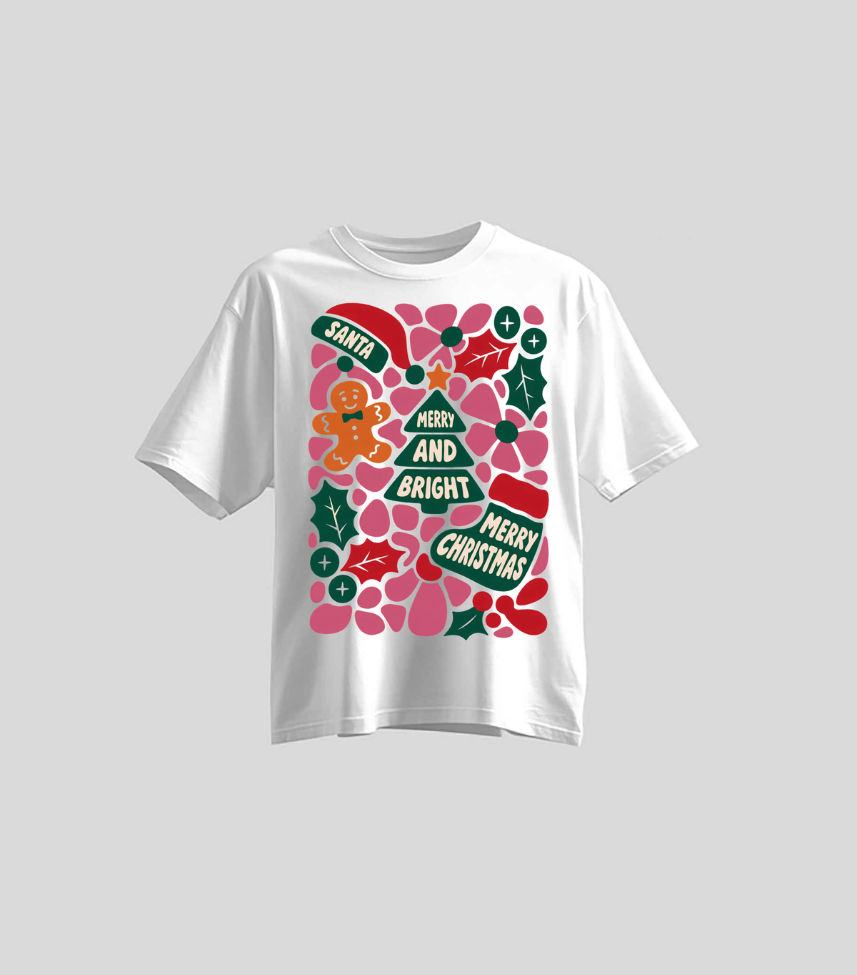Merry and Bright — Oversize blanca con estampado navideño
