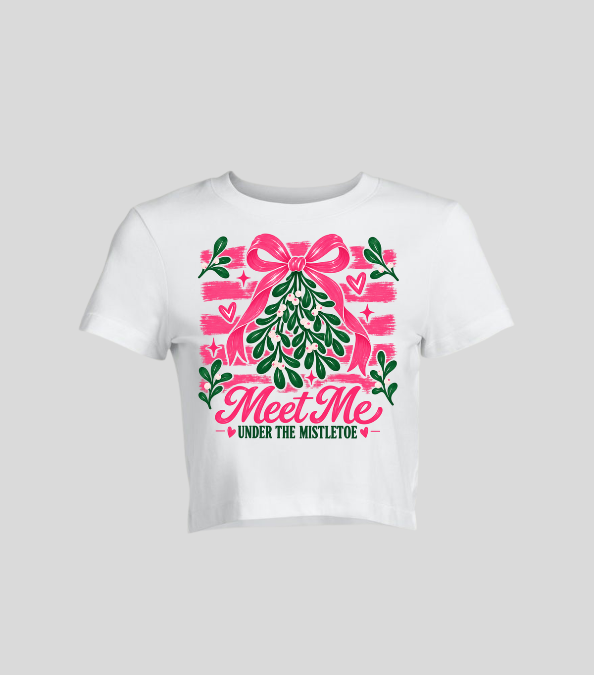 Meet Me Under the Mistletoe — Crop top blanca con estampado navideño