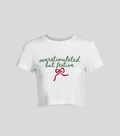 Overstimulated but Festive — Crop top blanca con estampado navideño