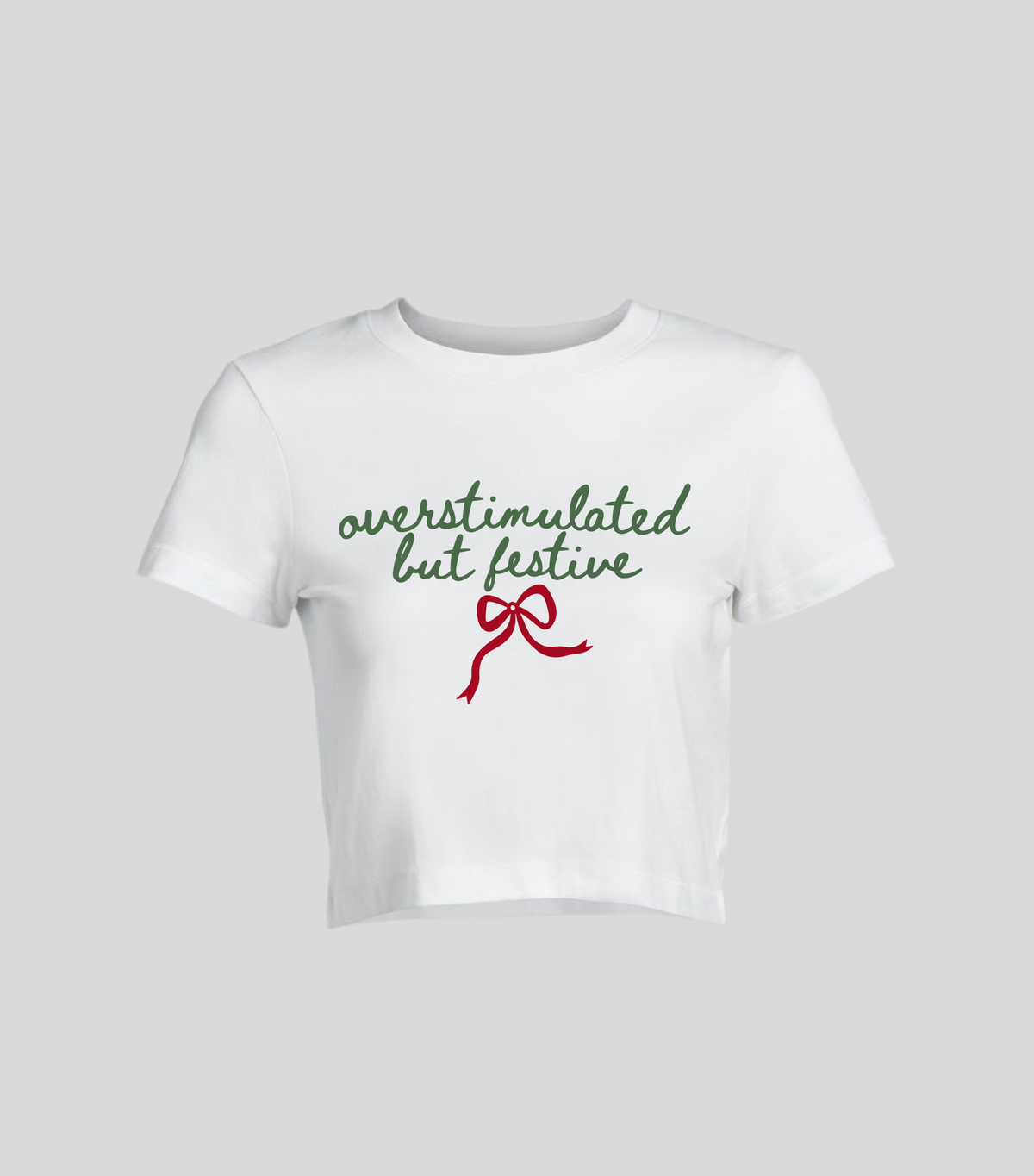 Overstimulated but Festive — Crop top blanca con estampado navideño