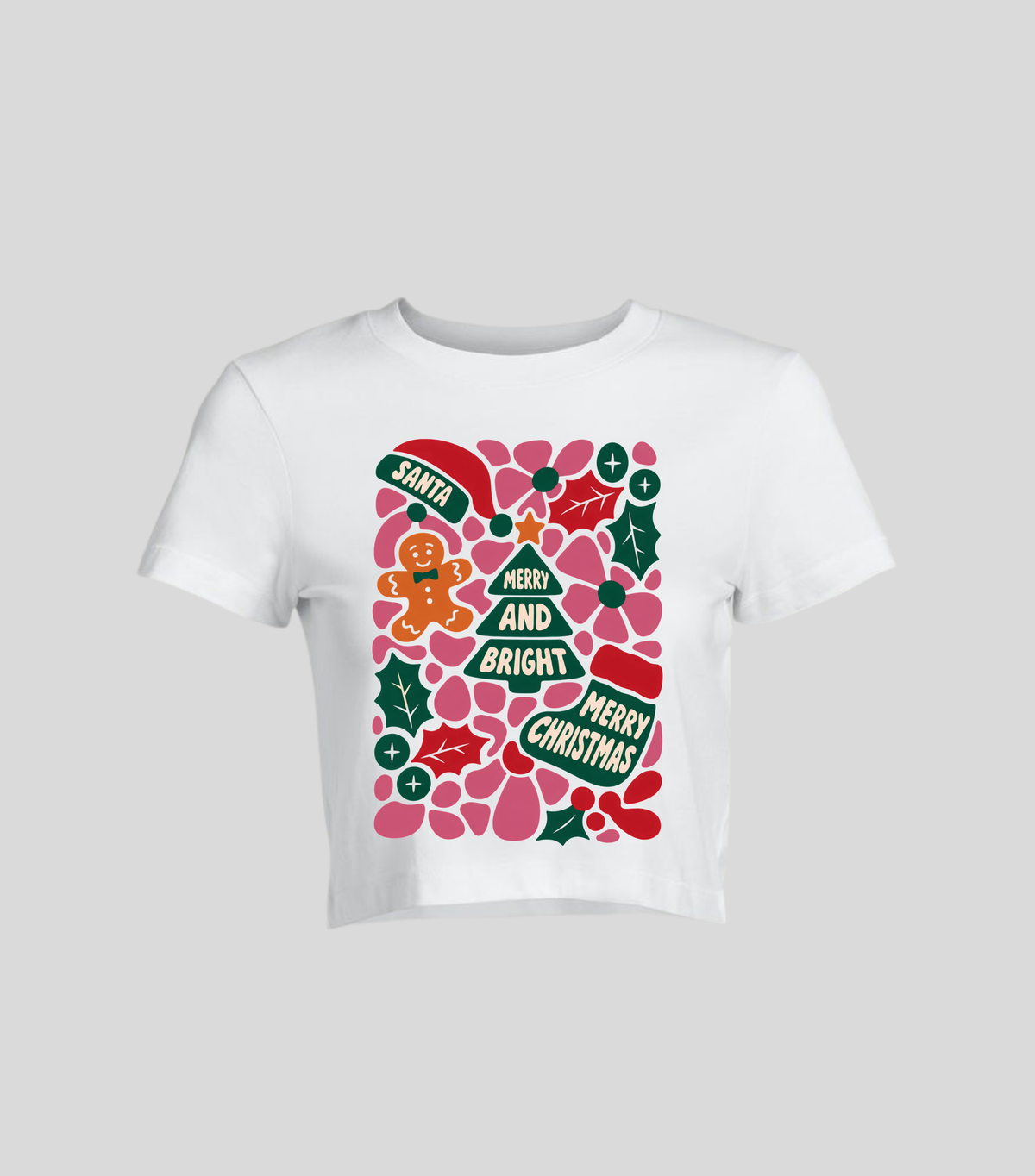 Merry and Bright — Crop top blanca con estampado navideño