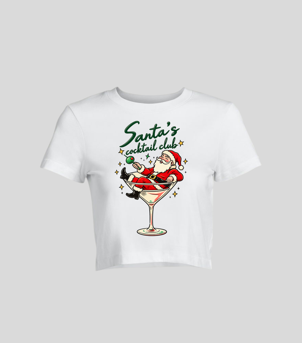 Santa Cocktail — Crop top blanca con estampado navideño