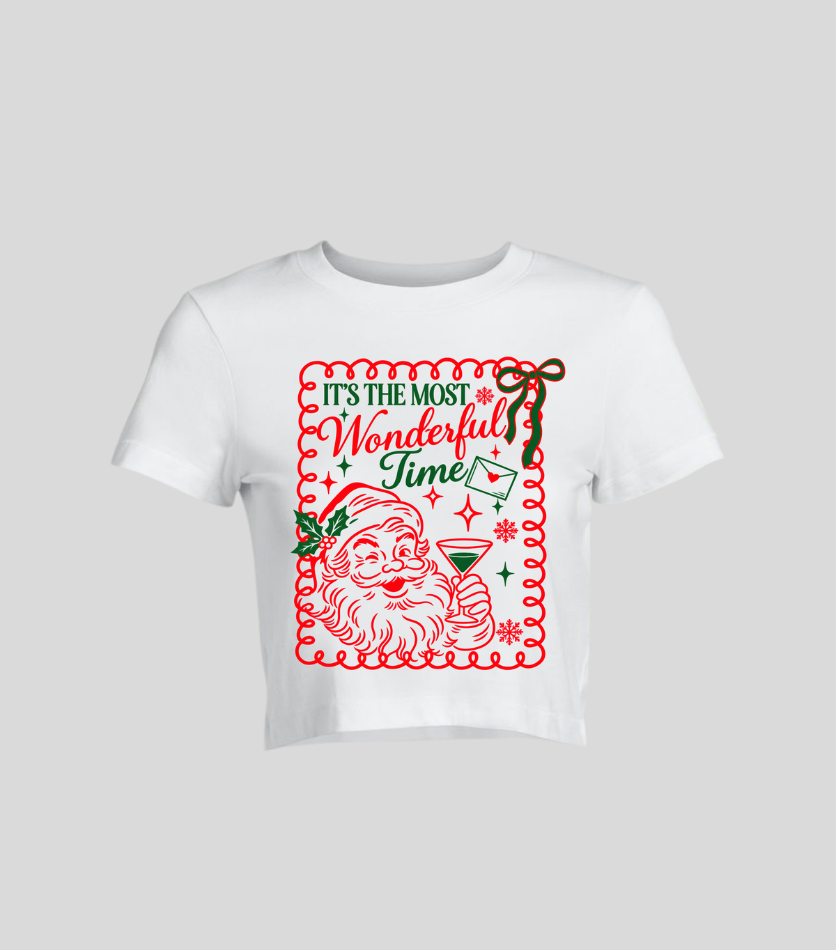 Most Wonderful Time — Crop top blanca con estampado navideño