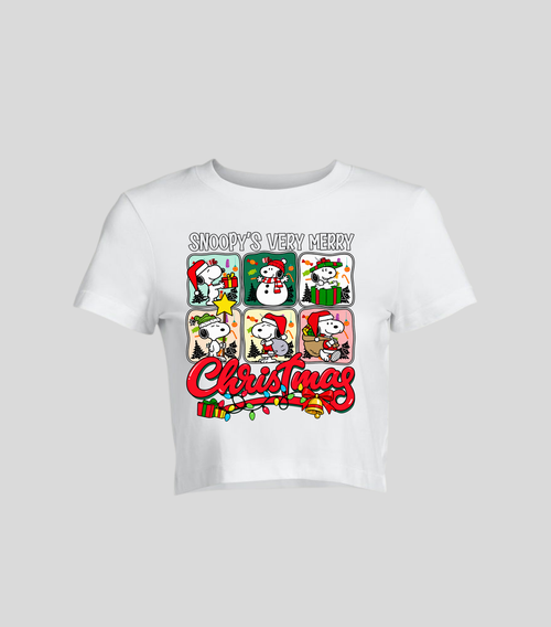 Christmas Collage — Crop top blanca con estampado navideño