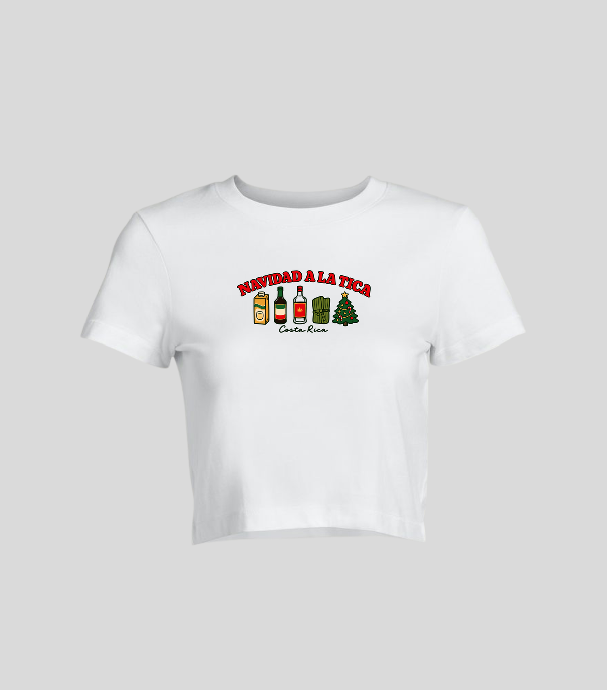 Navidad a la tica — Crop top blanca con estampado navideño